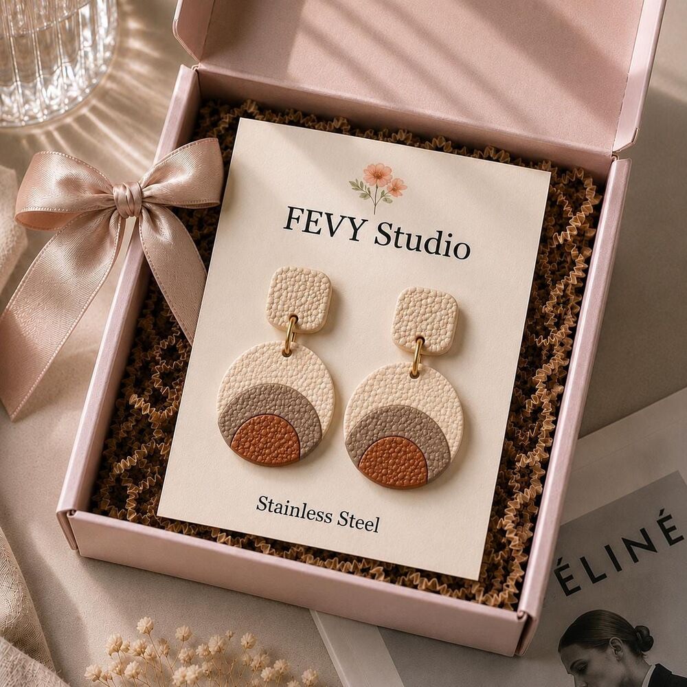 Handmade Neutral Geometric Polymer Clay Earrings, Boho Dangle Statement Jewelry